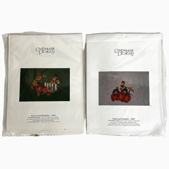2 New Candamar Designs Cross Stitch Kit Indians and Pumpkins Scarecrow Halloween - Picture 2 of 8